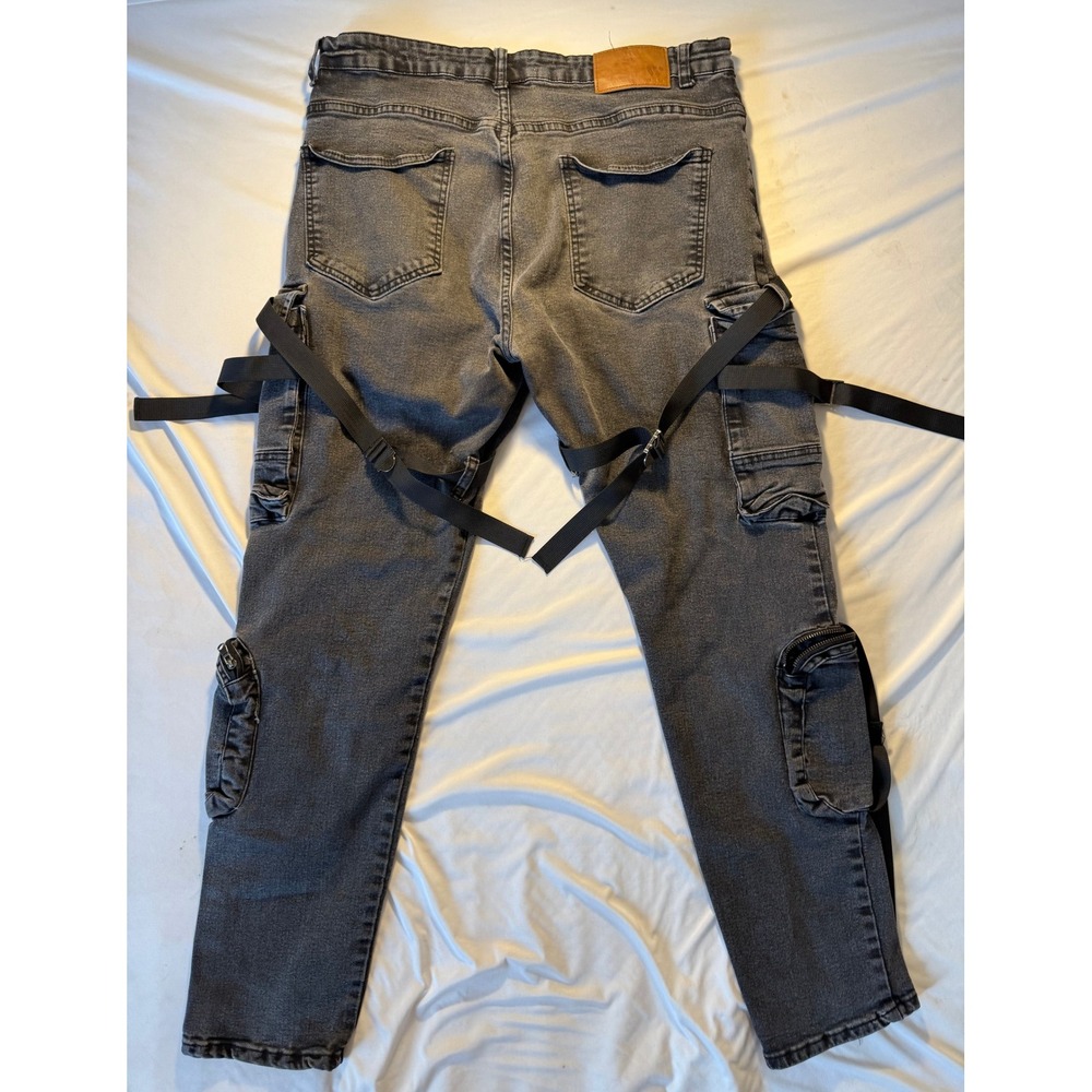 Waimea Mens 38x32 Skinny Fit Cargo Jeans Washed Black Tactical Strap Techwear - Picture 4 of 4